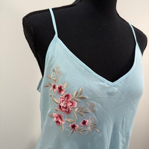 VTG California Dynasty Chemise Slip Dress Size Large Blue Floral Embroidery - Picture 6 of 14
